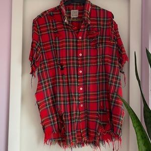 Furst of a kind destroyed plaid short sleeve shirt o/s NWOT